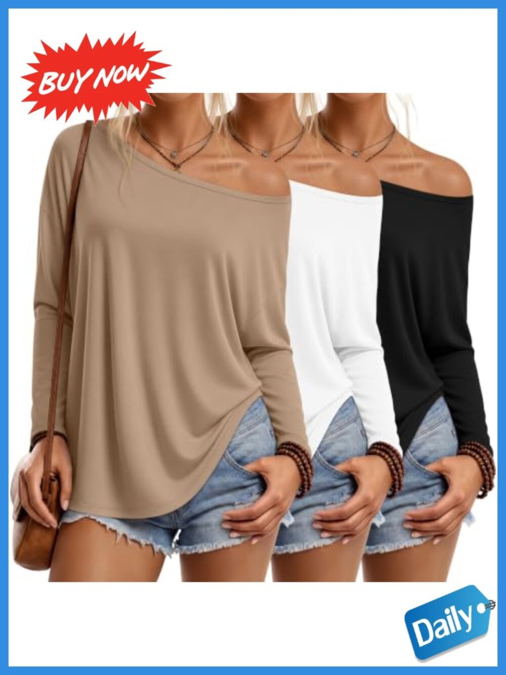 Off Shoulder Oversized Tops 3 Pack Long Sleeve Knit Tees